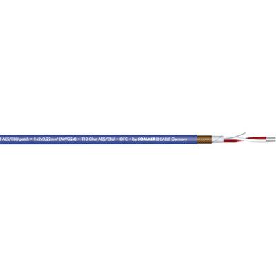 Ein blaues Kabel mit Text '50/50-bygel-wire 1,5qmm AWG16, halogenf. PVC, by SOMMER CABLE GmbH' und zwei roten, zwei weißen Drähten.