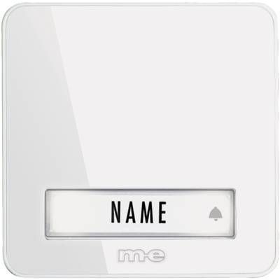 Ein weißes Klingelschild mit dem Wort 'NAME' und einer kleinen Glockensymbol auf der rechten Seite.