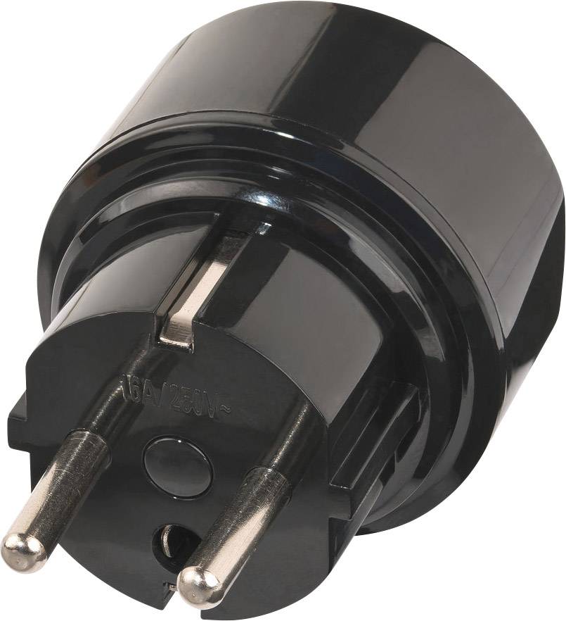 Schwarzer, runder EU-Steckeradapter mit zwei Metallstiften, geeignet zum Anschließen von Geräten an eine europäische Steckdose.