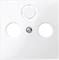 Weiße Abdeckung für eine Wandsteckdose mit drei runden Öffnungen, eine mittige Schraube, geeignet für verschiedene Steckerarten.