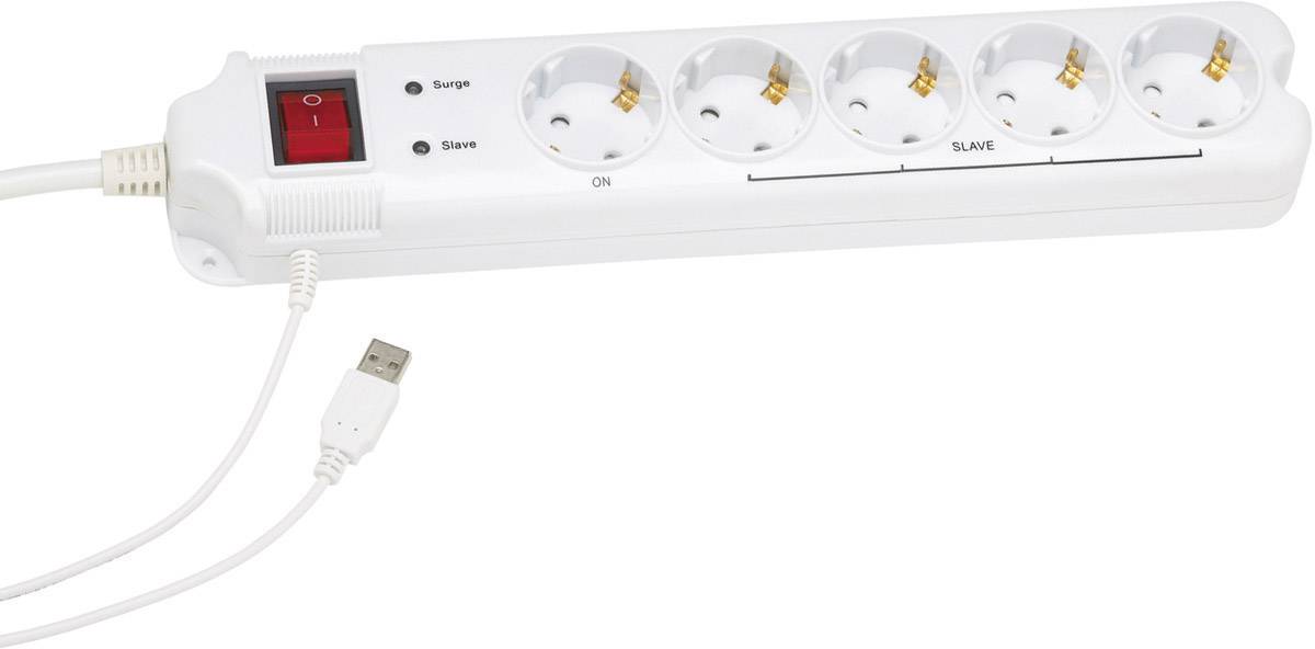Steckdosenleiste mit fünf Steckplätzen, Ein-/Ausschalter und USB-Anschluss. Beschriftet mit 'Surge', 'Slave' und 'ON'.