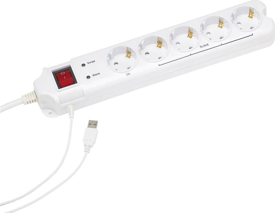Eine weiße Steckerleiste mit fünf Steckdosen, einem roten Ein-/Ausschalter und einem USB-Anschluss. Einige Steckdosen sind beschriftet.