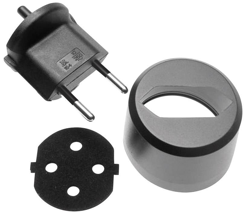 Steckeradapter-Set mit drei Teilen: zweipoliger EU-Stecker, metallische Zwischenfassung und schwarze Adapterplatte mit Löchern.