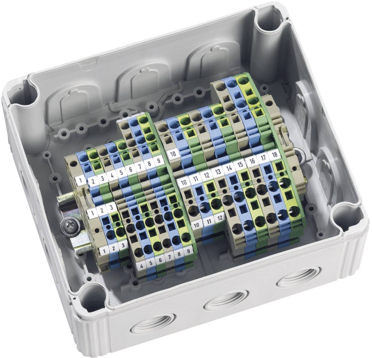Ein graues Elektronikgehäuse mit nummerierten, farbigen Klemmenblöcken zur elektrischen Verbindung und Organisation von Kabeln.