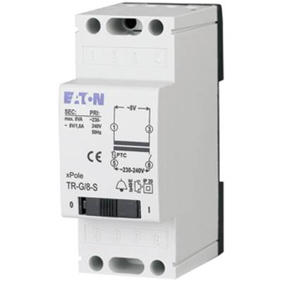 Ein grauer Sicherungsautomat mit dem Aufdruck 'EATON xPole TR-G/8-S', zeigt Schaltpositionen und technische Informationen.