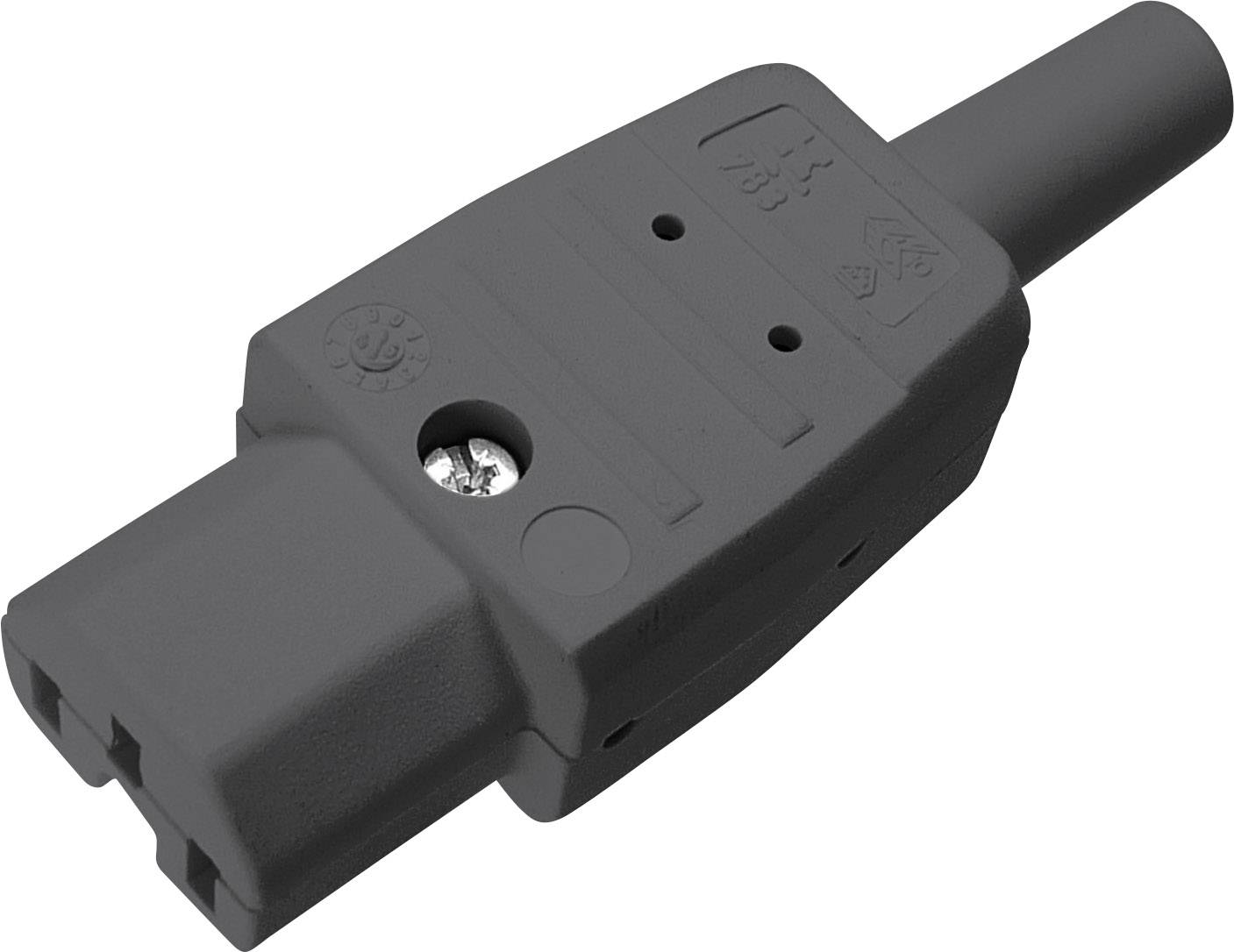 Ein schwarzer, rechteckiger Netzstecker mit Schraubverschluss und einem zylinderförmigen Griff, geeignet für elektro-technische Anwendungen.