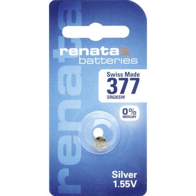 Blisterpackung mit einer silbernen Renata-Uhrenbatterie, Modellnummer 377 SR626SW, 1,55V, 0 % Quecksilber, Swiss Made.
