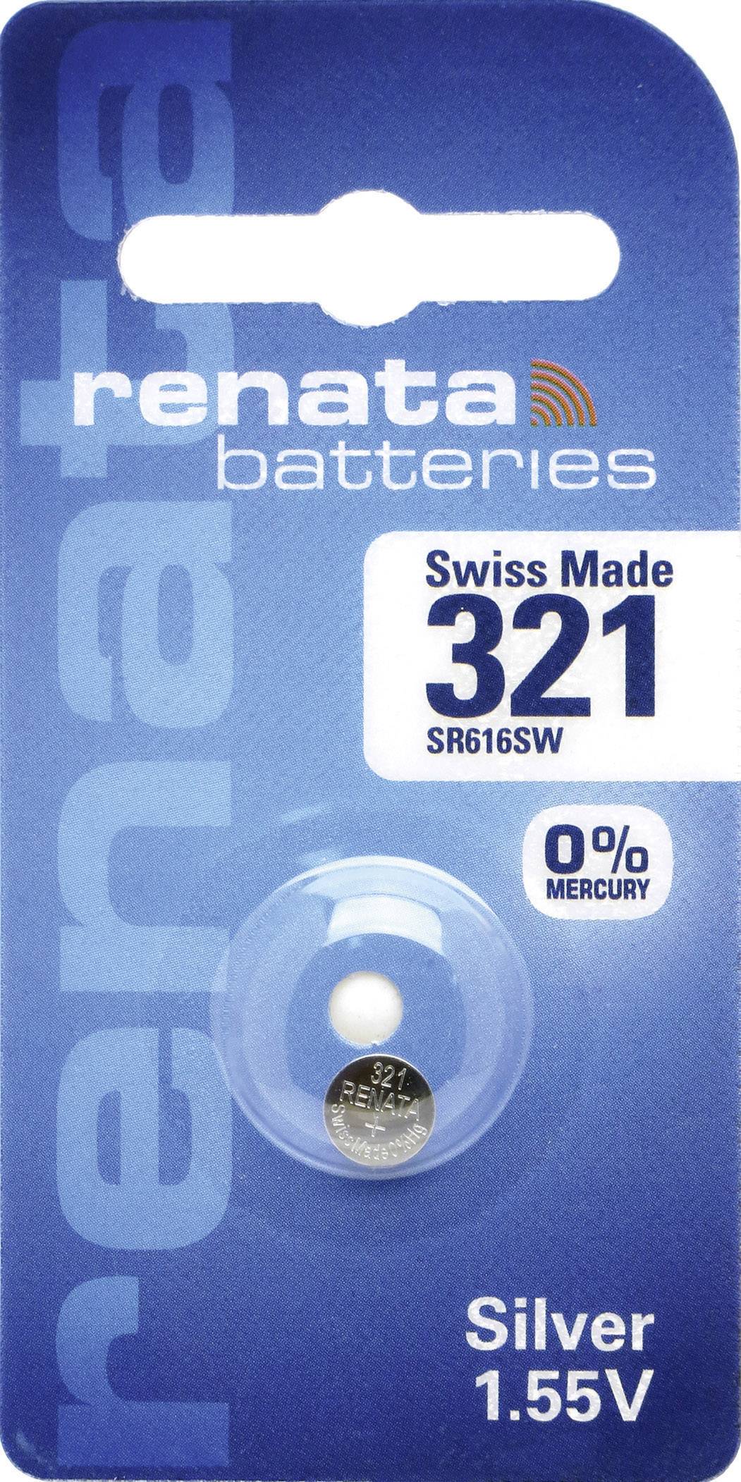 'Renata Batterien' Verpackung mit einer Knopfzelle 321, 1,55V. Aufschrift 'Swiss Made', '0% Mercury'.