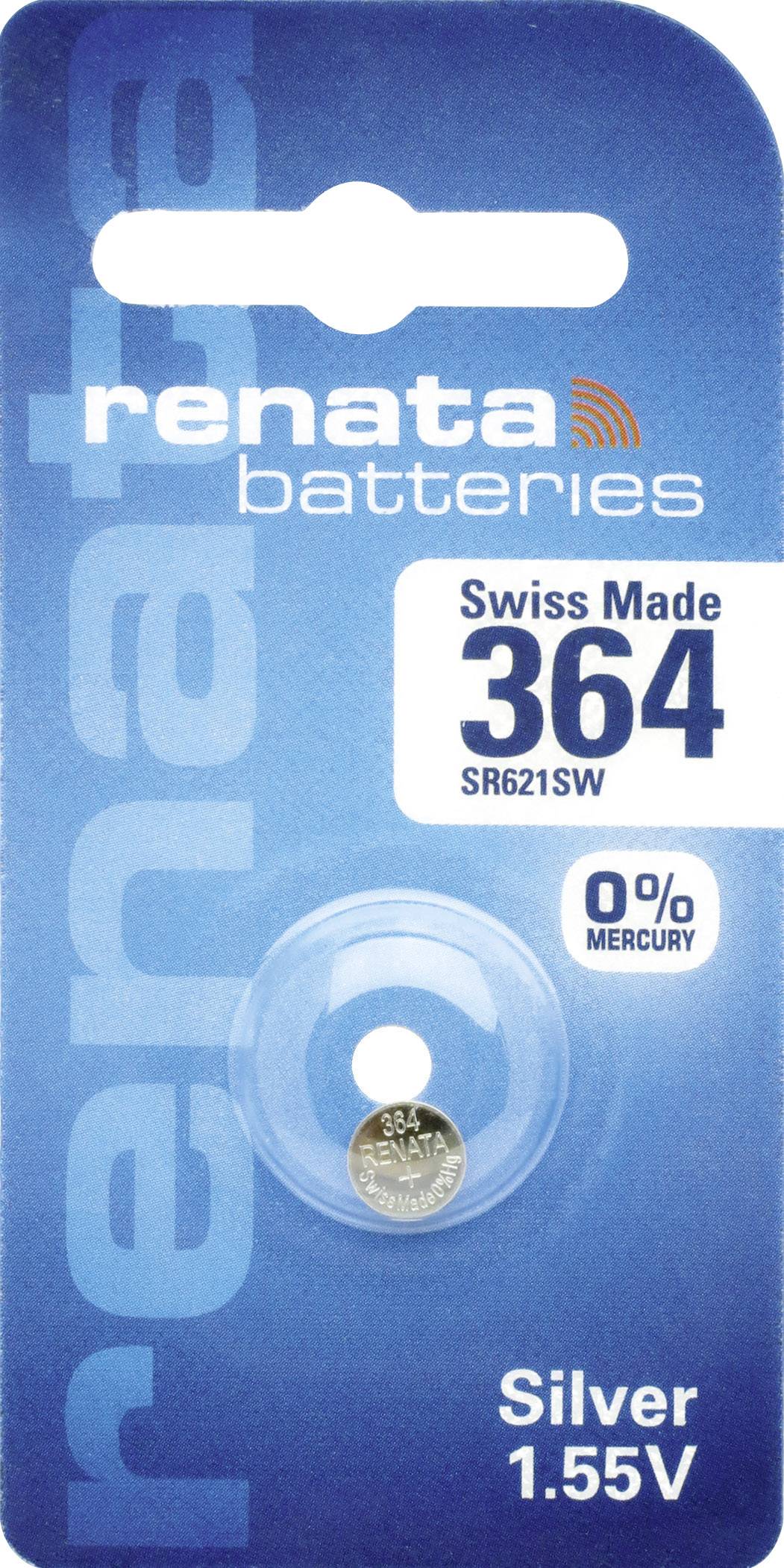 Batterie-Verpackung für Renata-Batterie Modell SR621SW, Swiss Made, 1,55V, silber, quecksilberfrei.