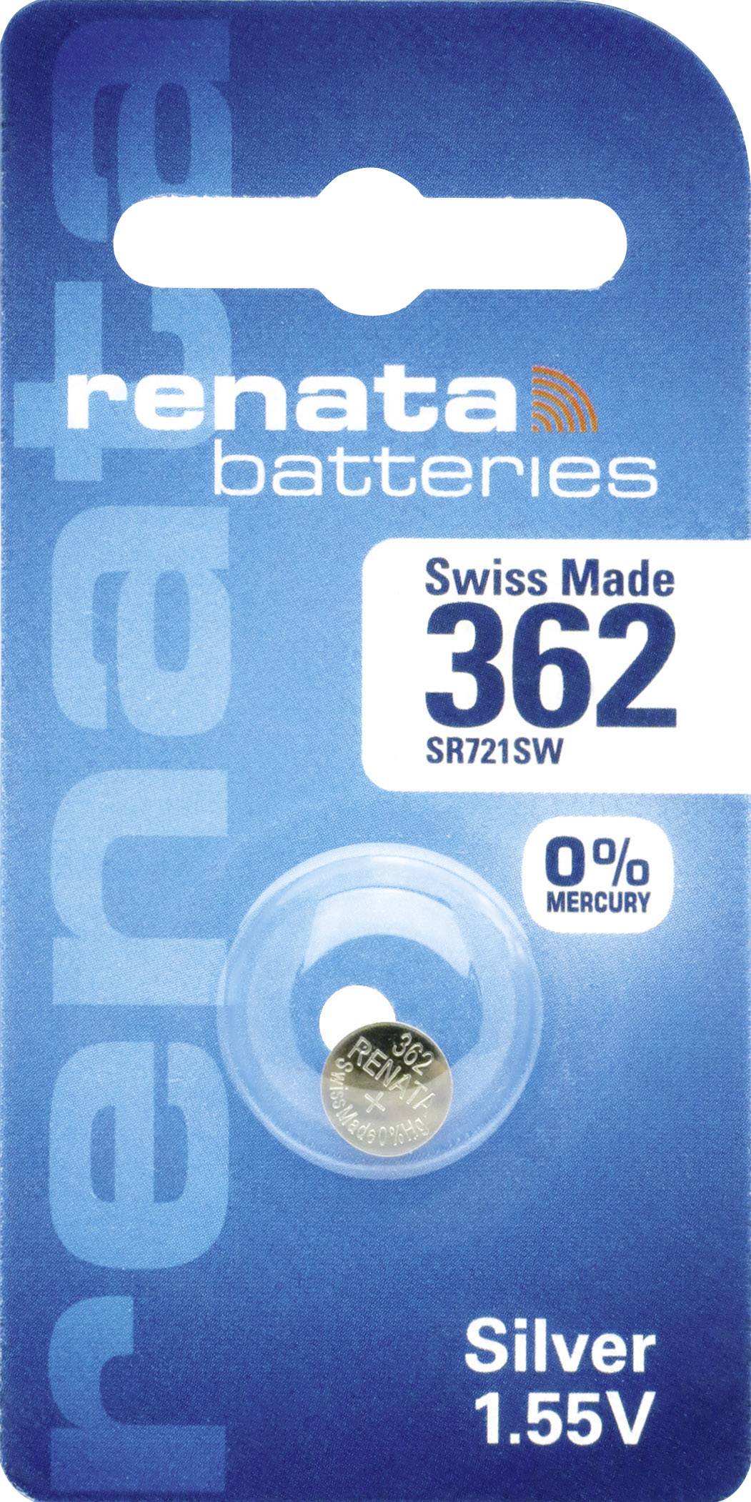 'Renata-Batterie, Swiss Made, Typ 362 SR721SW, 0% Quecksilber, Silver, 1,55V, in blauer Verpackung.'