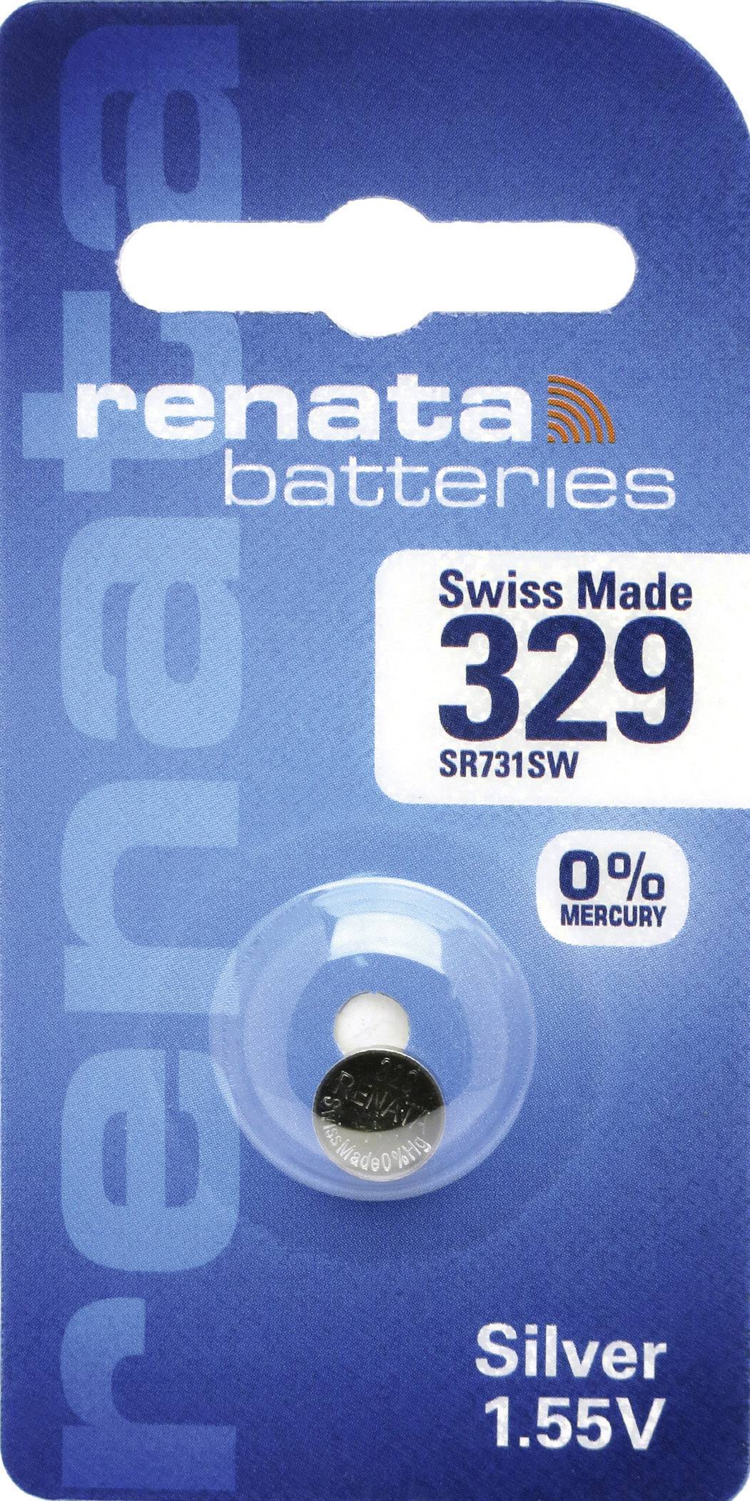 Eine silberne 1,55V Renata Batterie auf einer blauen Verpackung mit Aufschrift 'Swiss Made 329 SR731SW', quecksilberfrei.