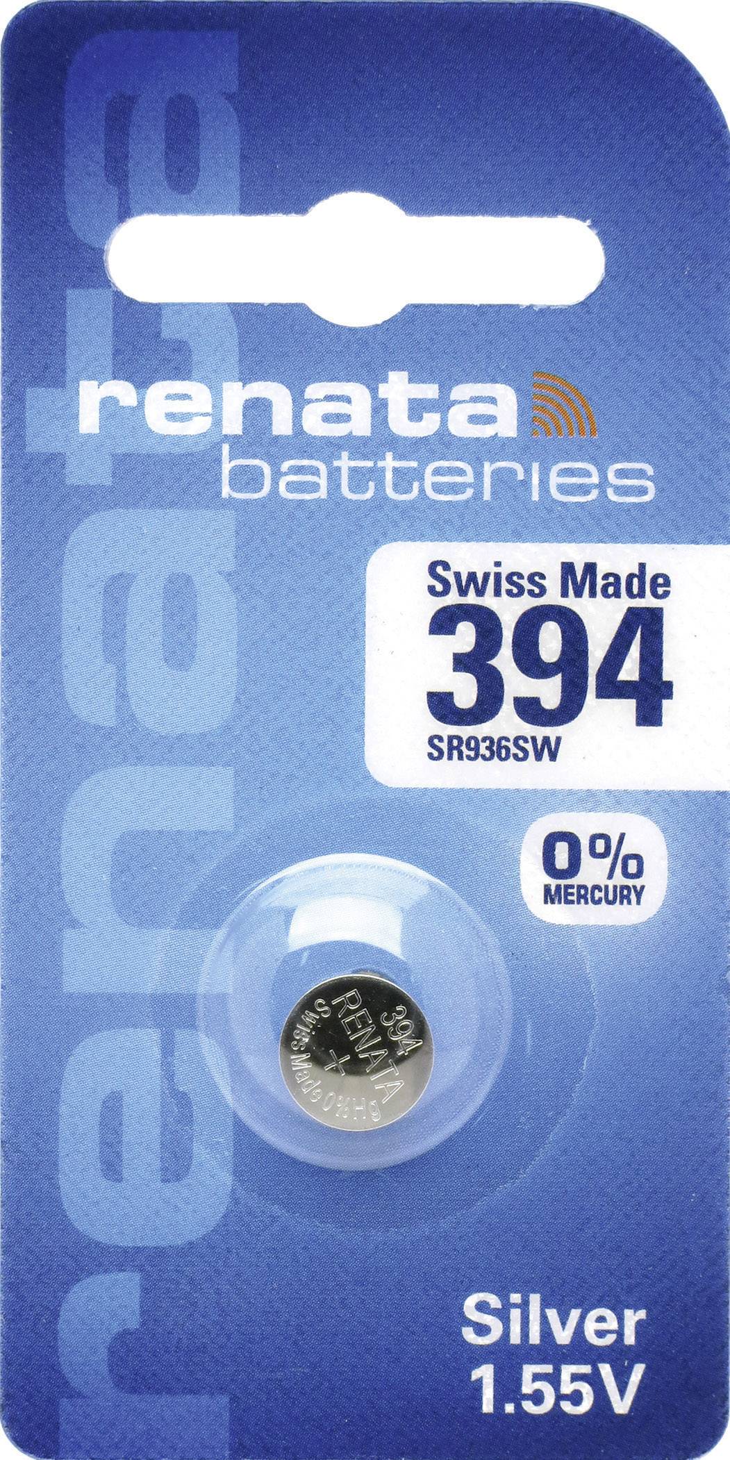 Durchsichtige Verpackung einer Knopfzellenbatterie von Renata; Modell: 394 SR936SW; 0 % Quecksilber; hergestellt in der Schweiz; Spannung: 1,55 V.