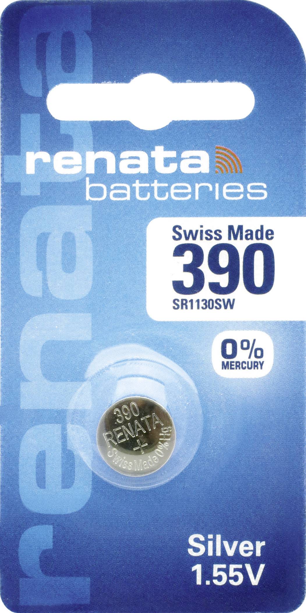 Blisterverpackung einer Knopfzellenbatterie von Renata. Bezeichnung: 390 SR1130SW. Spannung: 1,55V. Quecksilbergehalt: 0%.