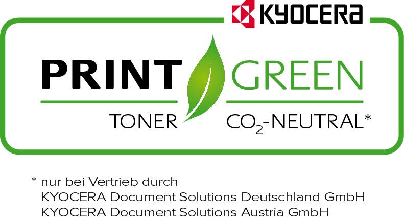 'PRINT GREEN Toner CO2-neutral' Logo von KYOCERA, umweltfreundliche Drucklösungen. Vertrieb durch KYOCERA Document Solutions Deutschland und Österreich.