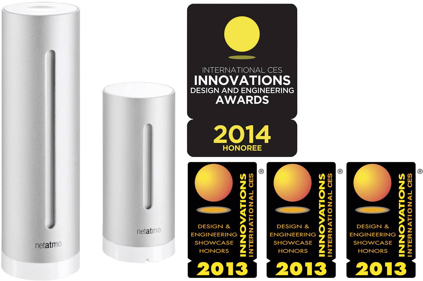 Zwei silberne Netatmo-Geräte stehen nebeneinander. Daneben sind Auszeichnungen für Innovationsdesign in den Jahren 2013 und 2014 zu sehen.