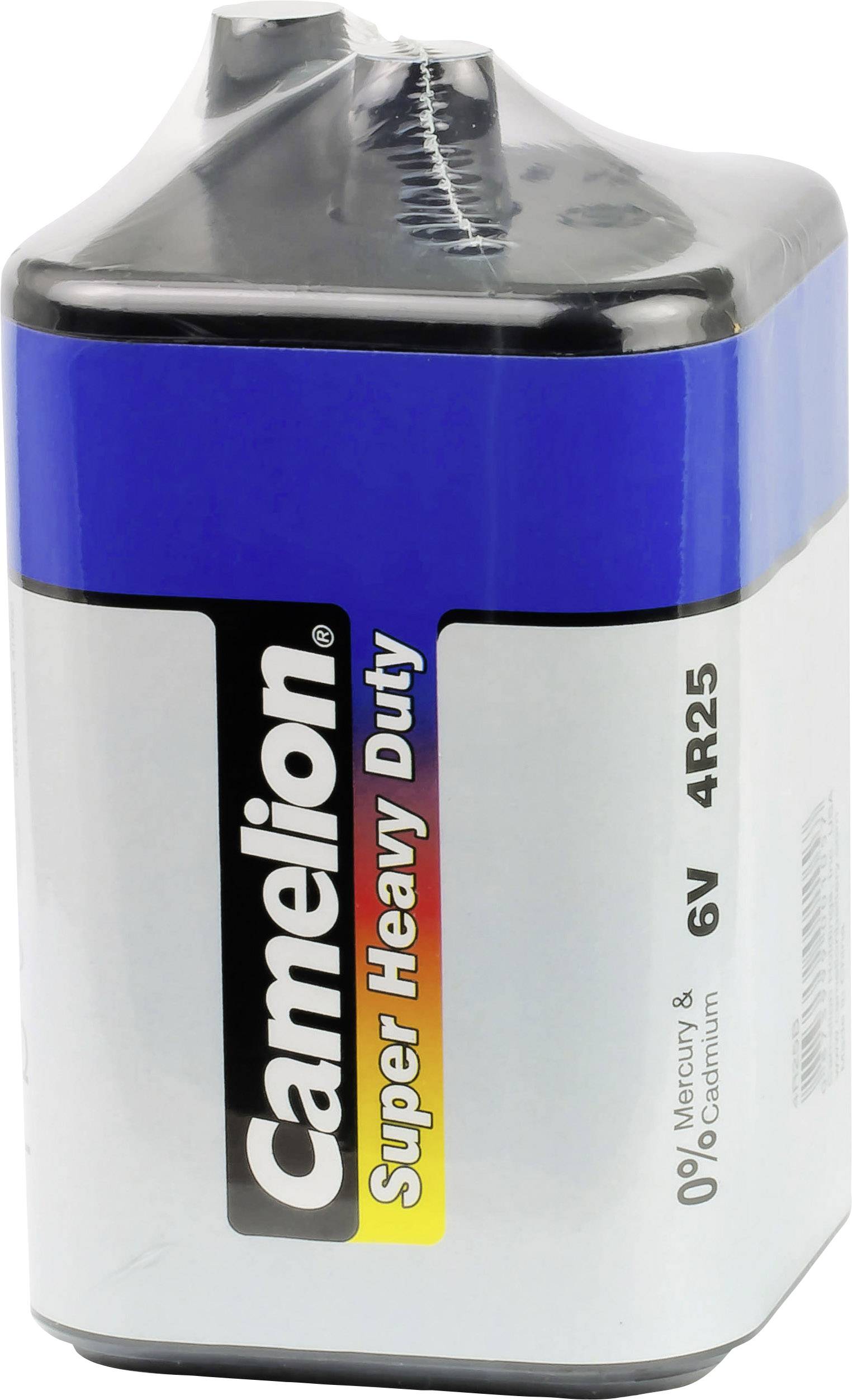 Große rechteckige Batterie, Marke Camelion, Typ 6V 4R25, mit blauem und silbernem Design, beschriftet mit 'Super Heavy Duty'.