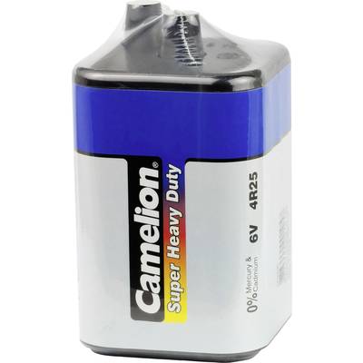 Große rechteckige Batterie, Marke Camelion, Typ 6V 4R25, mit blauem und silbernem Design, beschriftet mit 'Super Heavy Duty'.