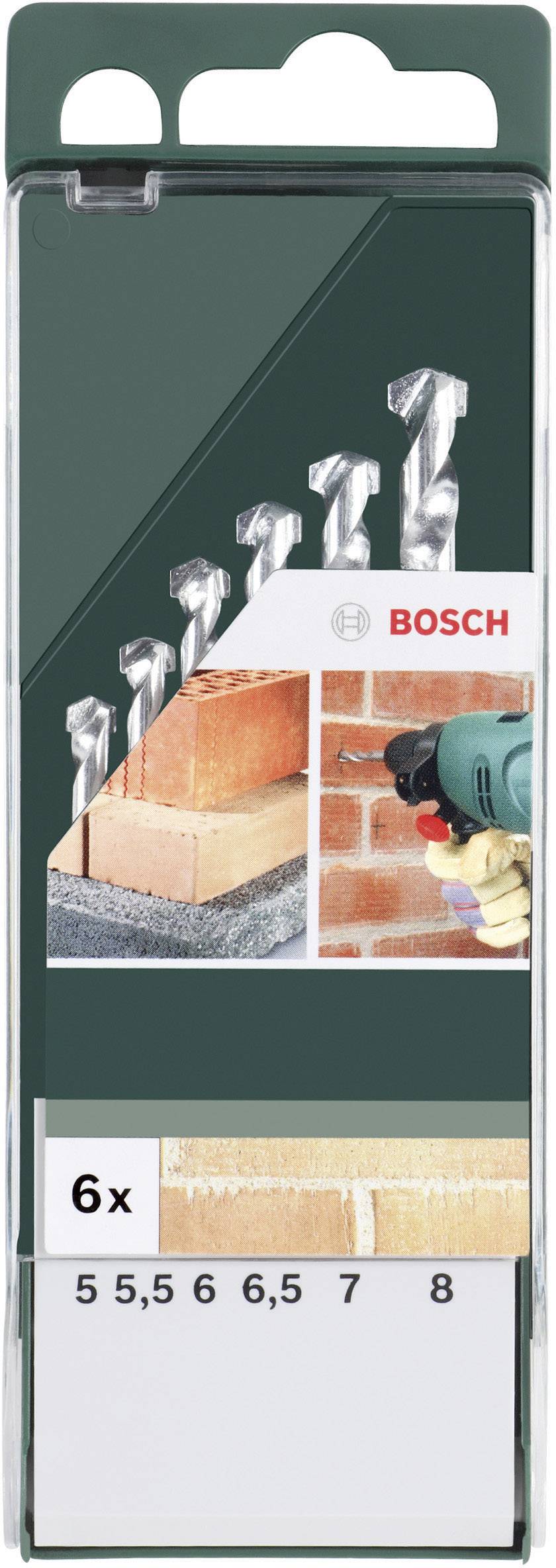 'Bosch Bohrer-Set, 6 Stück: 5, 5, 6, 6,5, 7, 8 mm. Geeignet zum Bohren in Steinwänden. Bild zeigt Bohrer und Einsatz am Ziegelstein.'