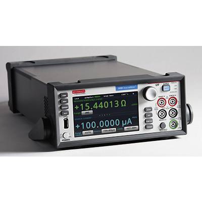 Ein digitales Multimeter zeigt einen Widerstandswert von '15,44013 Ohm' und Stromstärke von '100,0000 μA' auf seinem Display an.