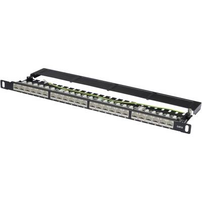 Patchfeld mit 24 Ports für Netzwerkverkabelung. Beschriftet mit 'CAT6'. Vorne Anschlussbuchsen, hinten Anschlussklemmen.