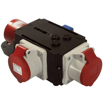Ein rotes und weißes elektrisches Steckverbindungsgerät mit mehreren Buchsen und Verriegelungen, verwendet für industrielle Anwendungen.