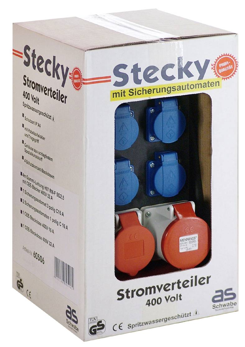 Verpackung zeigt einen Stromverteiler mit mehreren Steckdosen, geeignet für 400 Volt. Enthält Beschriftungen und Sicherheitszertifikate.
