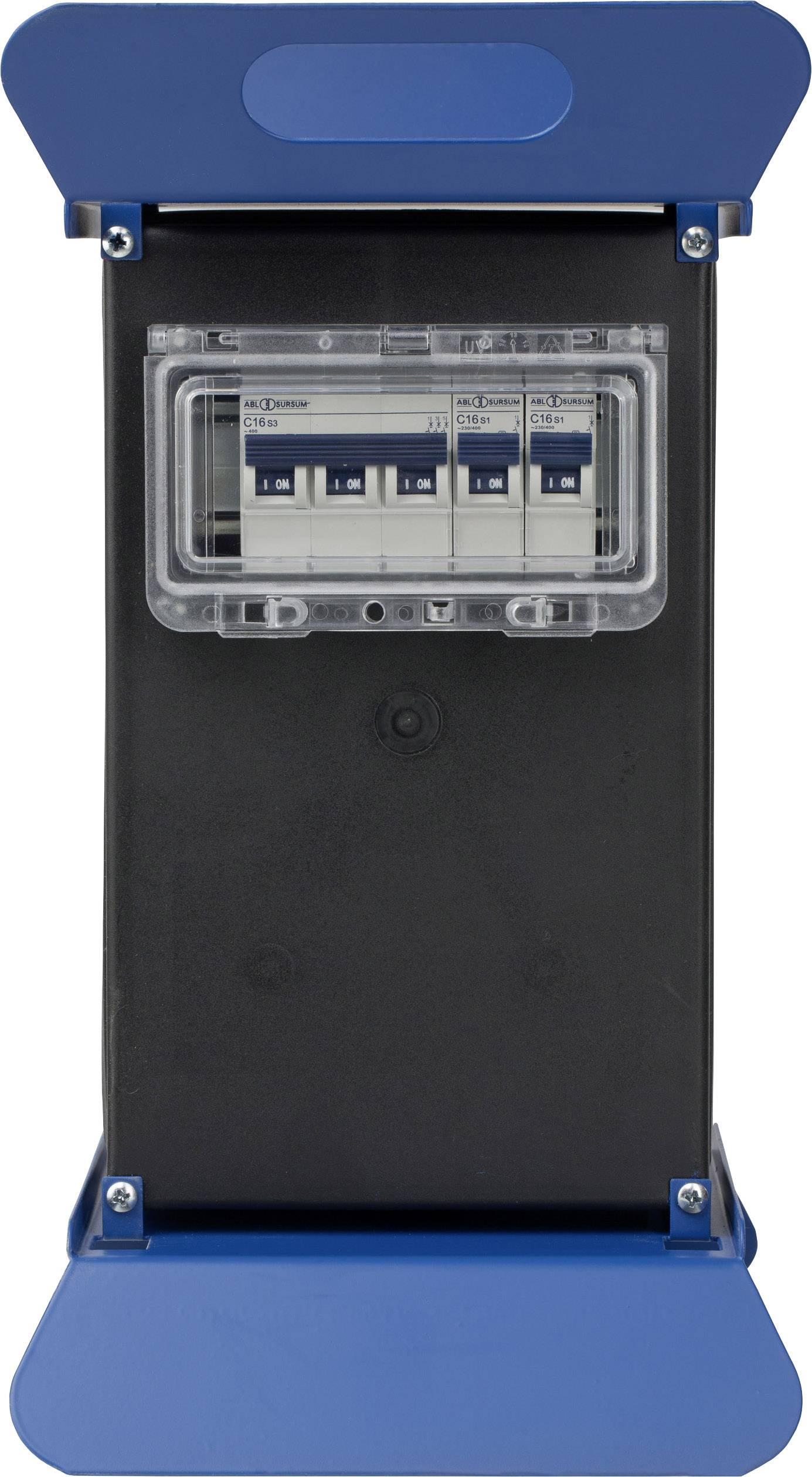 Ein blauer, freistehender Schaltschrank mit transparentem Gehäuse und mehreren Schutzschaltern an der Vorderseite.