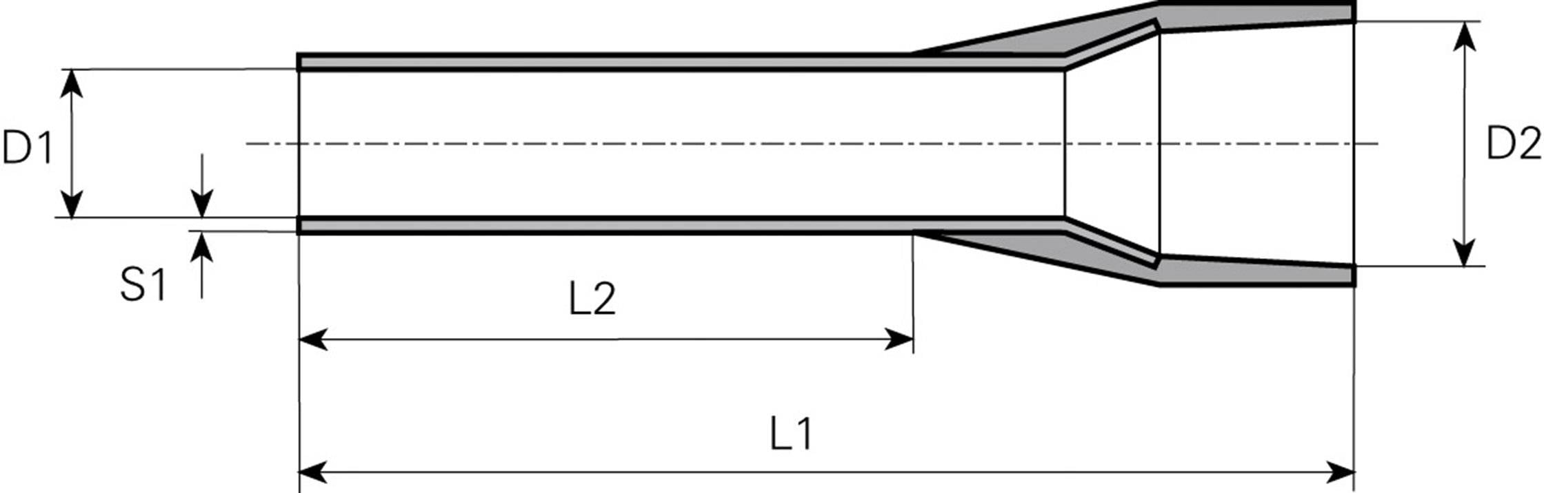 Technische Zeichnung eines Rohrs mit Maßen: Durchmesser D1, D2; Wandstärke S1; Länge L1, L2. Verjüngte Form mit Beschriftungen.