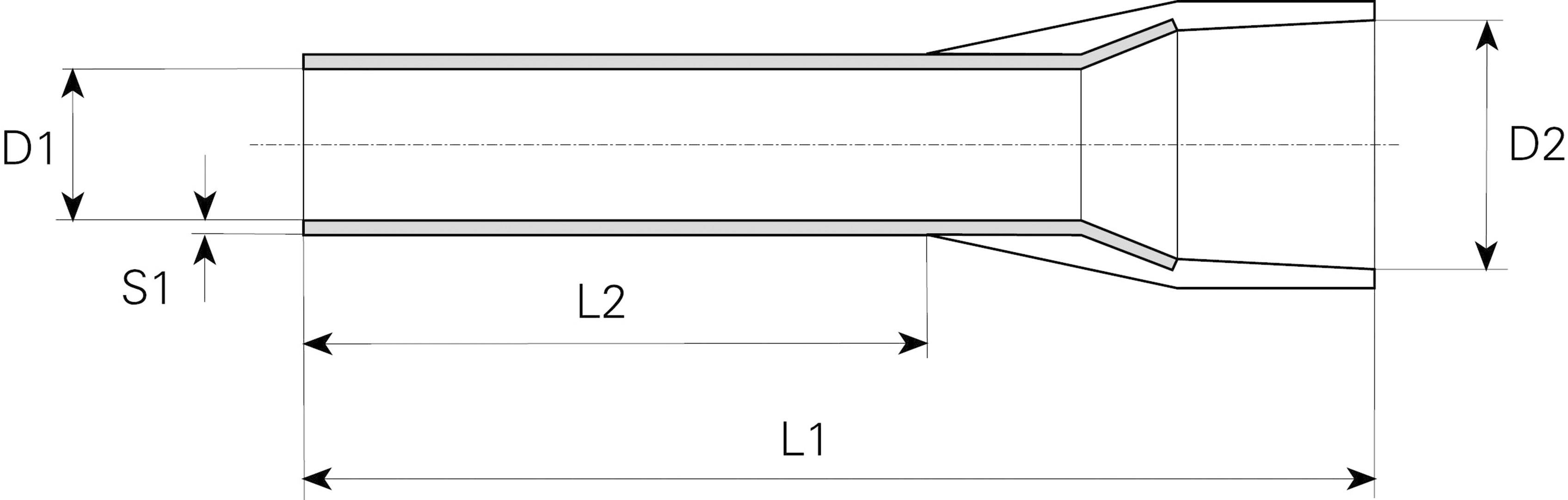 Technische Zeichnung eines Rohrstutzens mit den Längen L1 und L2, und Durchmessern D1 und D2. Stärken S1 werden ebenfalls angezeigt.