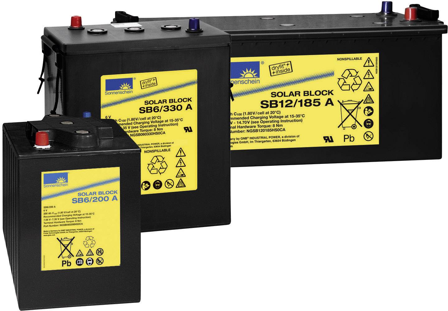 'Drei Solarbatterien von Sonnenschein: SB6/200 A, SB6/330 A und SB12/185 A, mit gelben Etiketten. Geeignet für Solaranwendungen.'