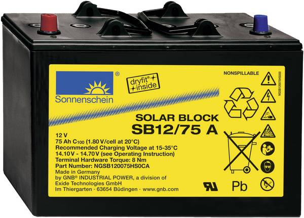 GNB Sonnenschein Solar-Block SB12/75 A NGSB120075HS0CA Solarakku 12 V 75 Ah Blei-Gel (B x H x T) 33 x 23.6 x 17.1 cm Konuspol