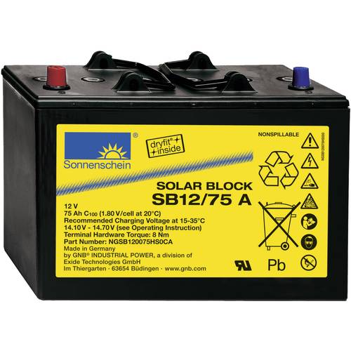 GNB Sonnenschein Solar-Block SB12/75 A NGSB120075HS0CA Solarakku 12 V 75 Ah Blei-Gel (B x H x T) 330 x 236 x 171 mm Konu...