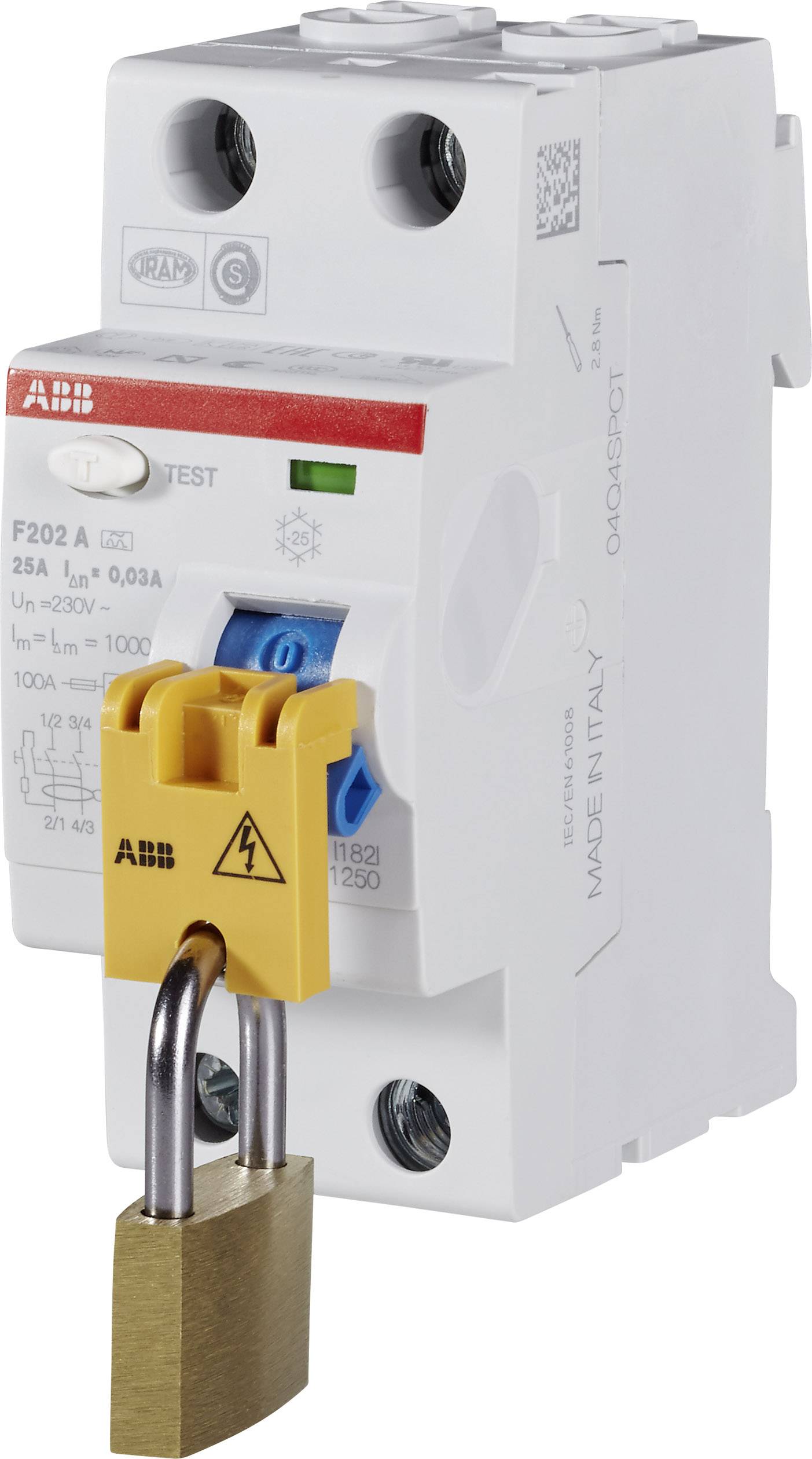 Ein zweipoliger ABB-Leitungsschutzschalter F202 A mit einem gelben Sicherheitsschloss befestigt an der Vorderseite.