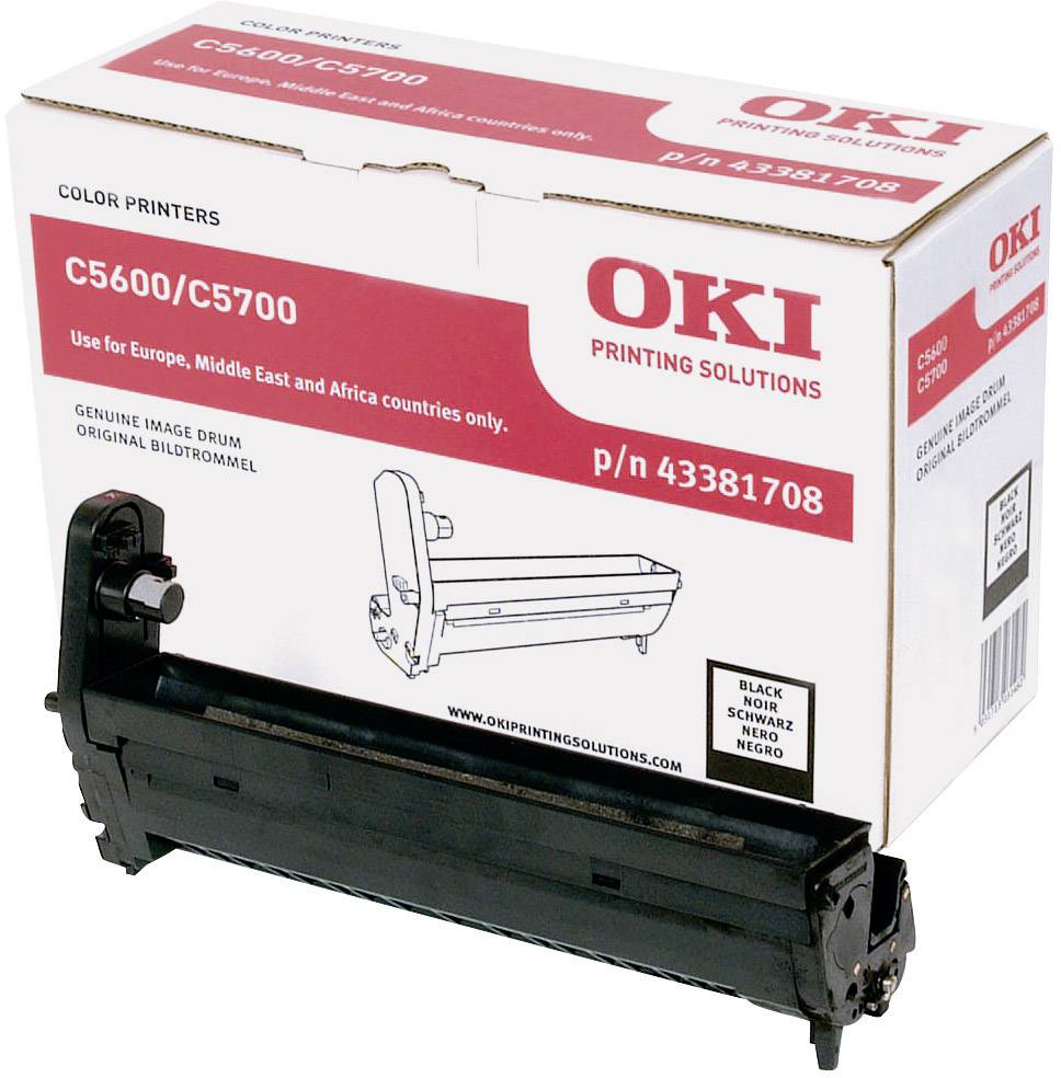 Trommeleinheit für OKI C5600/C5700 Farbdrucker, geeignet für Europa, Nahost und Afrika. Verpackung zeigt Produktabbildung.