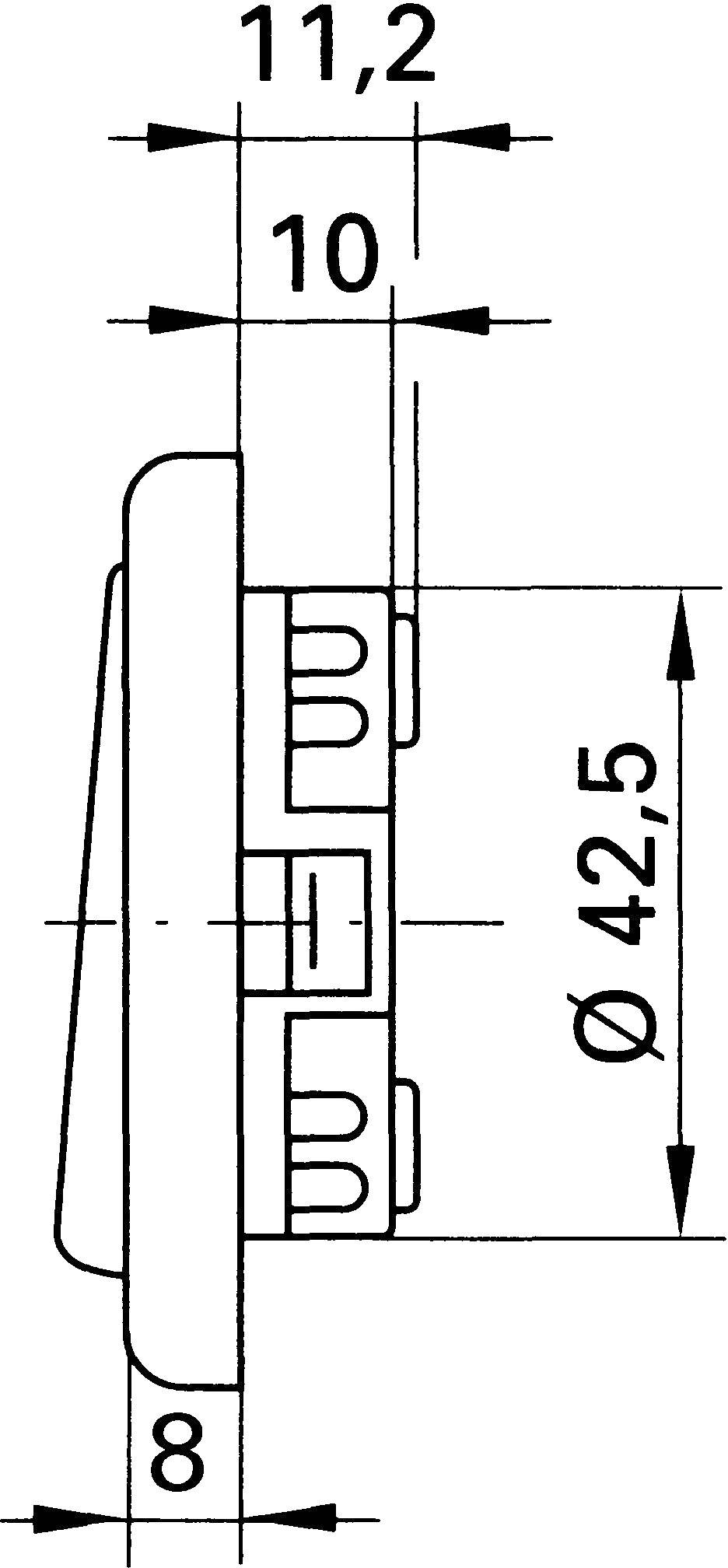 Querschnitt einer technischen Zeichnung, zeigt eine runde Komponente mit den Maßen 11,2 mm, 10 mm, 8 mm, und Durchmesser 42,5 mm.