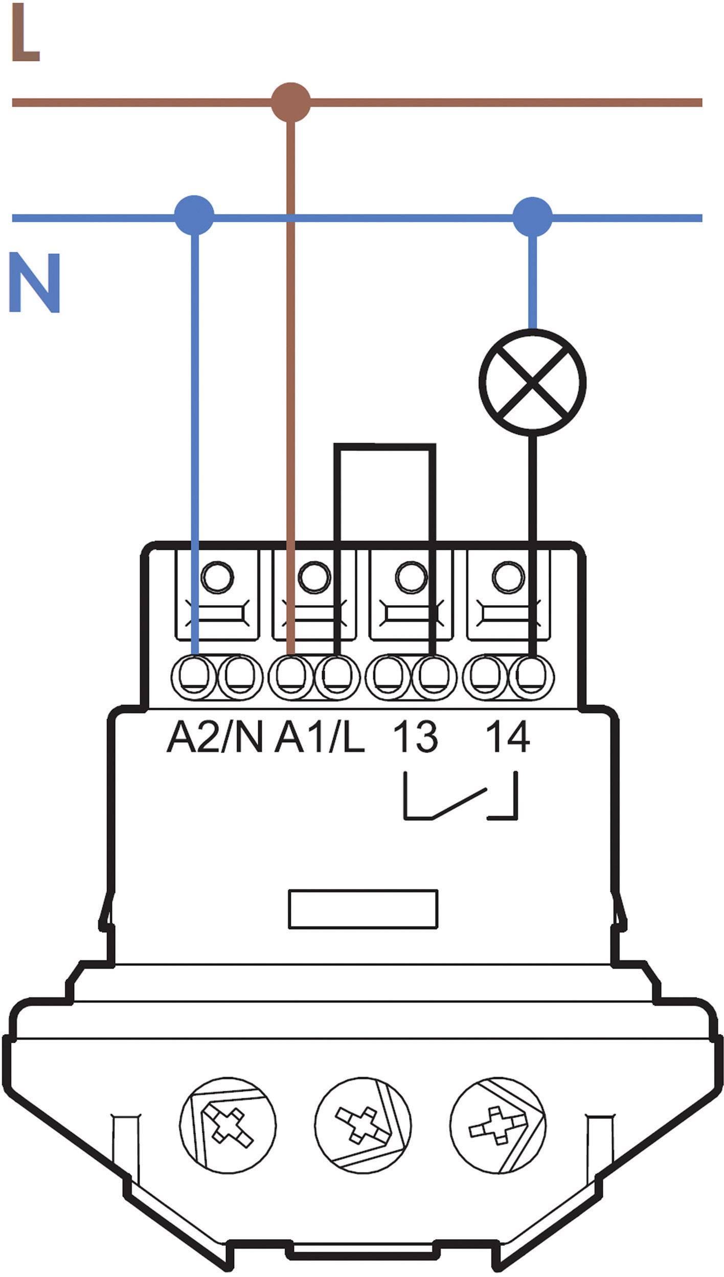 'Elektroschaltplan: Stromkreis mit Relais zwischen L (Phase) und N (Neutralleiter); Lampe als Last. Anschlussklemmen A2/N, A1/L, 13, 14 gezeigt.'