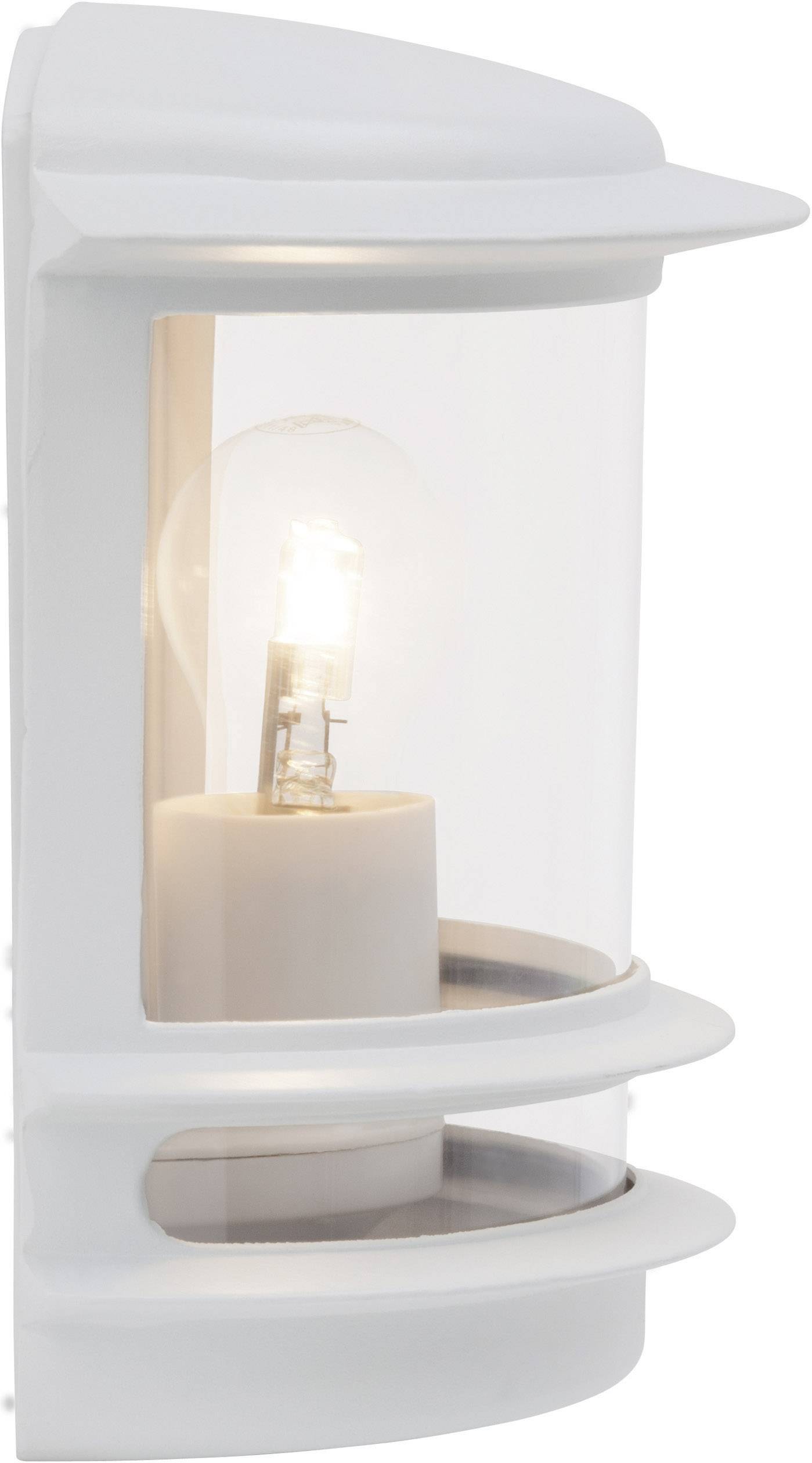 Eine weiße Außenwandleuchte mit einem durchsichtigen Glasgehäuse und sichtbarem Glühbirnenlicht.