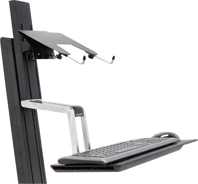 Höhenverstellbares Wandhalterungssystem mit Tastaturablage und schwenkbarem Monitorhalter, ideal für ergonomische Arbeitsplätze.