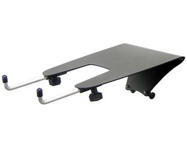Ein schwarzer Laptop-Ständer aus Metall mit zwei einstellbaren Armen zur Unterstützung des Geräts auf einem Tisch oder Schreibtisch.