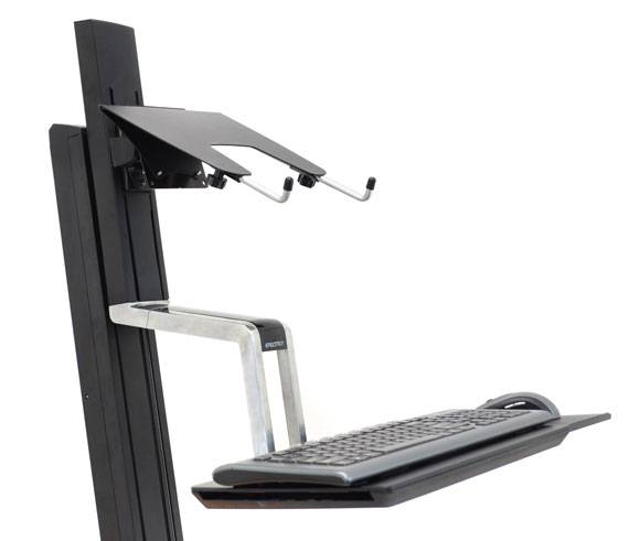 Ergonomischer, höhenverstellbarer Steh-Sitz-Schreibtischaufsatz mit Halterungen für Tastatur und Laptop, schwarz.