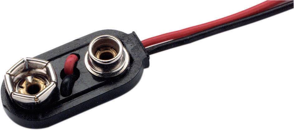 Schwarz-rotes Batteriekabel mit 9-Volt-Klemmenadapter, um Geräte an einen 9-Volt-Batterieanschluss zu verbinden.