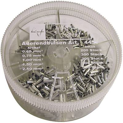 Runde Kunststoffbox mit Aderendhülsen verschiedener Größen und Mengenangaben (200, 300, 500 Stück) in Millimetern (0,50 bis 2,50 mm²).