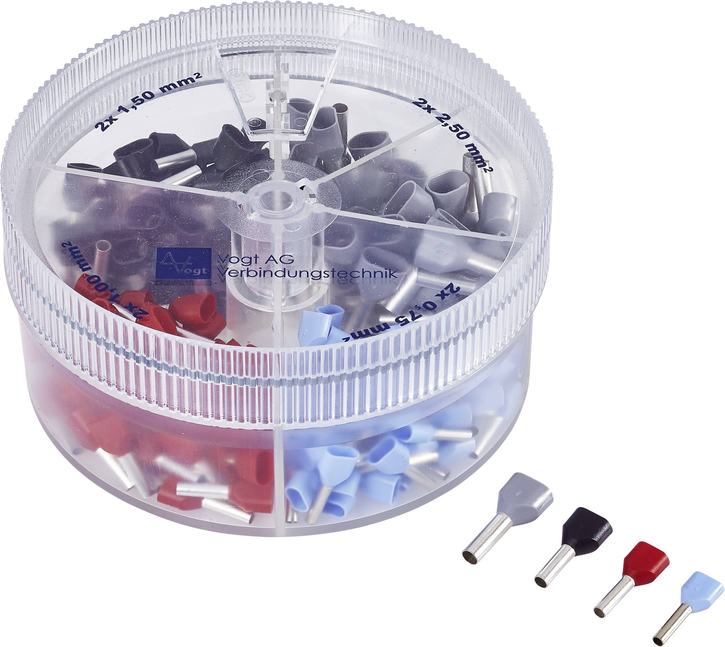 Vogt Verbindungstechnik 625515 Tvillingemuffer-sortiment 0.75 mm², 1 mm², 1.5 mm², 2.5 mm² Delvist isoleret Lyseblå, Rød, Sort, Grå 200 stk