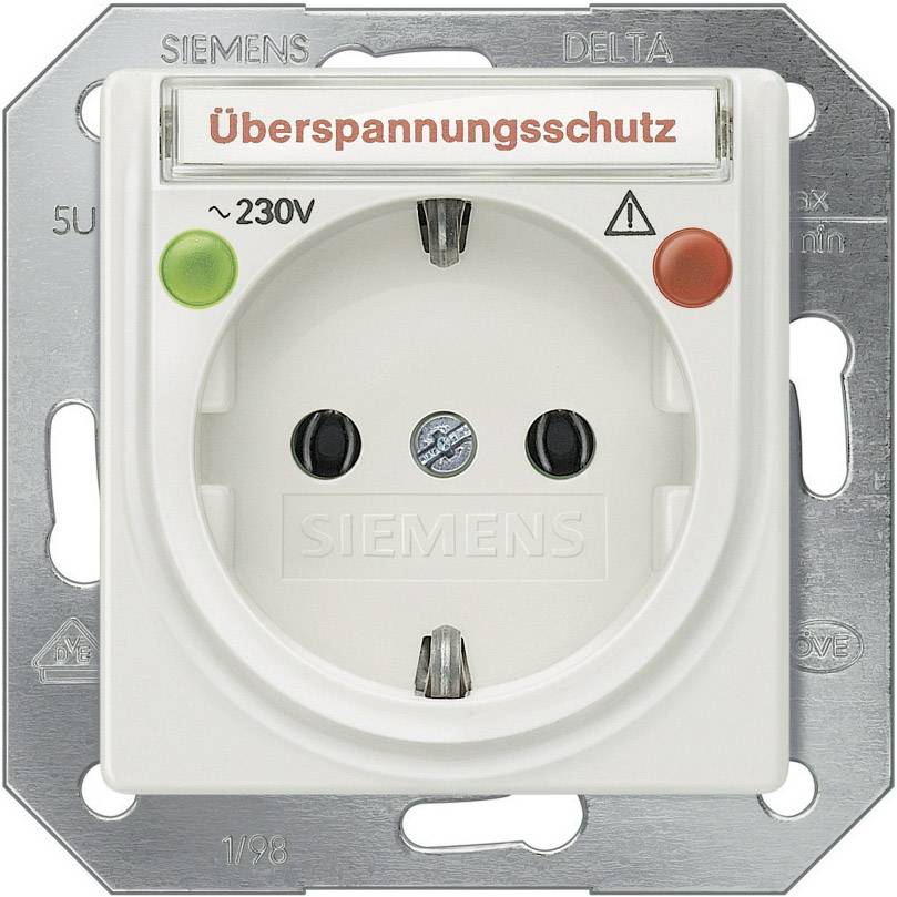 'Überspannungsschutz-Steckdose mit grünem und rotem Licht zur Anzeige des Betriebstatus. Beschriftung: Überspannungsschutz, ~230V.'