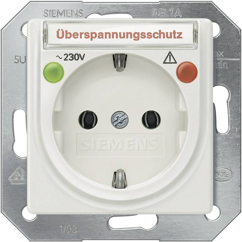 Steckdose mit Überspannungsschutz, zeigt grüne und rote Kontrollleuchten für Betrieb und Warnung bei 230V Spannung.