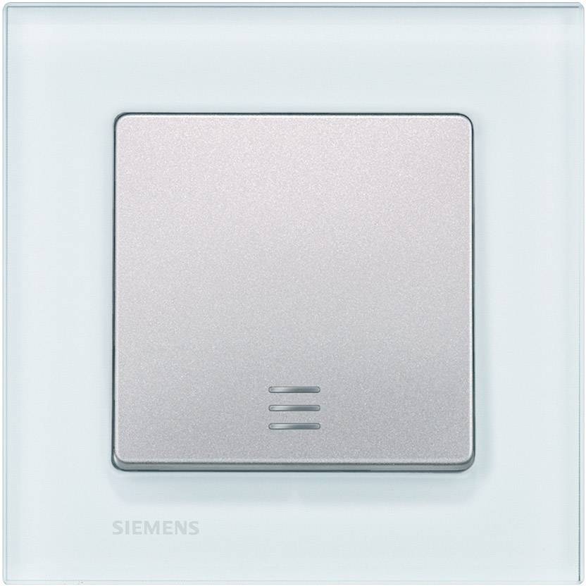 Lichtschalter in Silber mit Glasumrandung, Markenname 'Siemens' sichtbar.