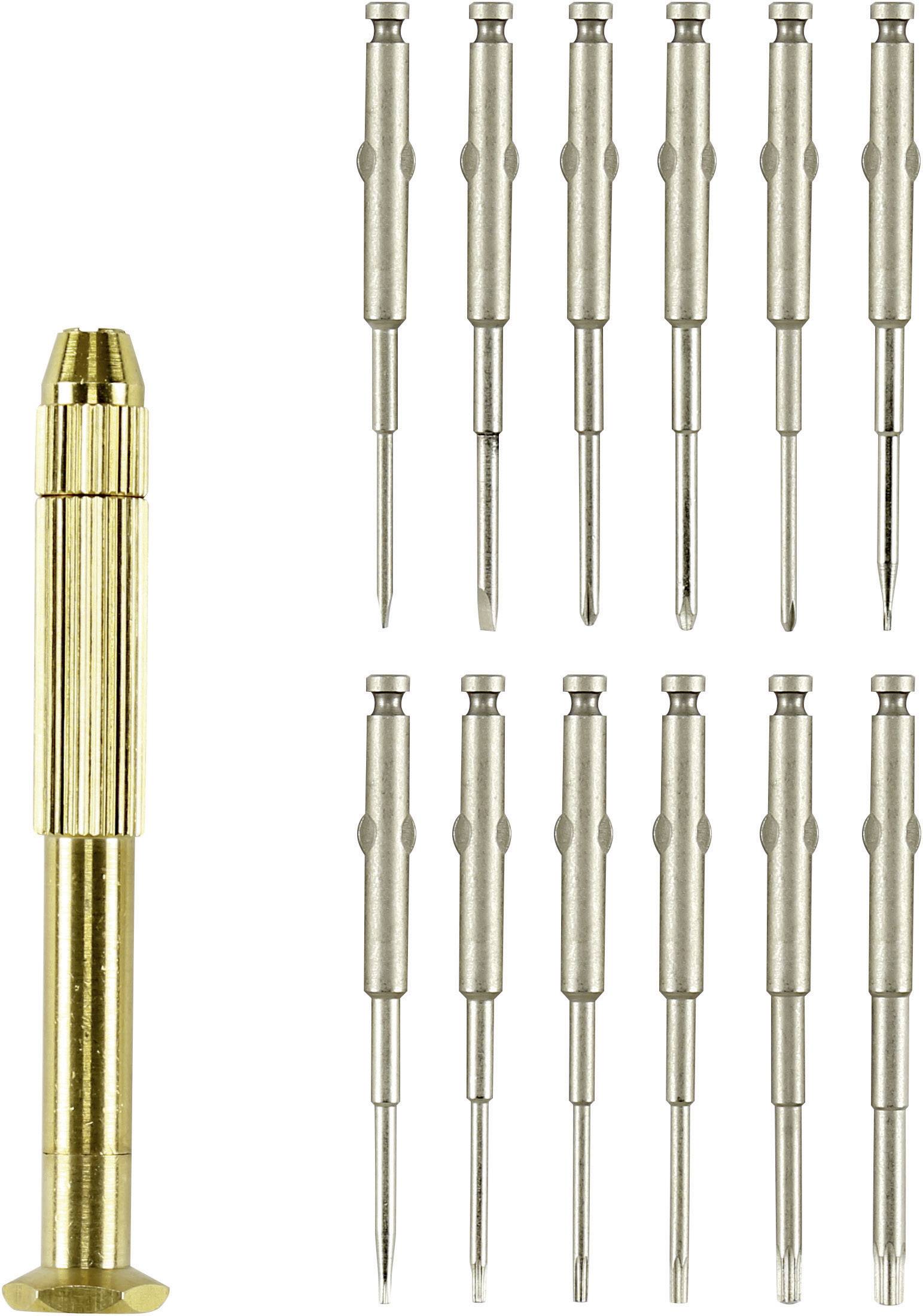 Ein goldfarbener Präzisions-Schraubendreher links und zwölf verschiedene Ersatzbits rechts; geeignet für Feinmechanikarbeiten.