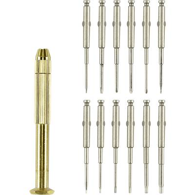 Ein goldfarbener Präzisions-Schraubendreher links und zwölf verschiedene Ersatzbits rechts; geeignet für Feinmechanikarbeiten.