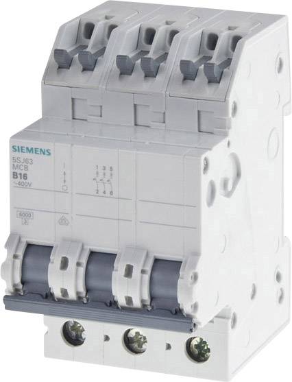 Ein dreipoliger Schutzschalter für elektrische Installationen, markiert mit 'B16' und '400V', zur Absicherung von Stromkreisen.