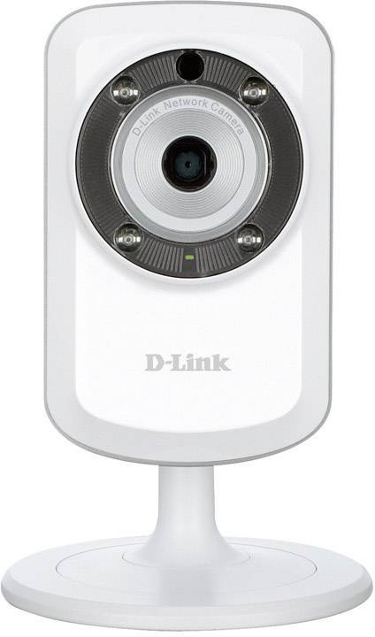 Eine Überwachungskamera von D-Link mit Standfuß, geeignet für Innenbereiche, zeigt das Objektiv und Sensoren auf der Vorderseite.